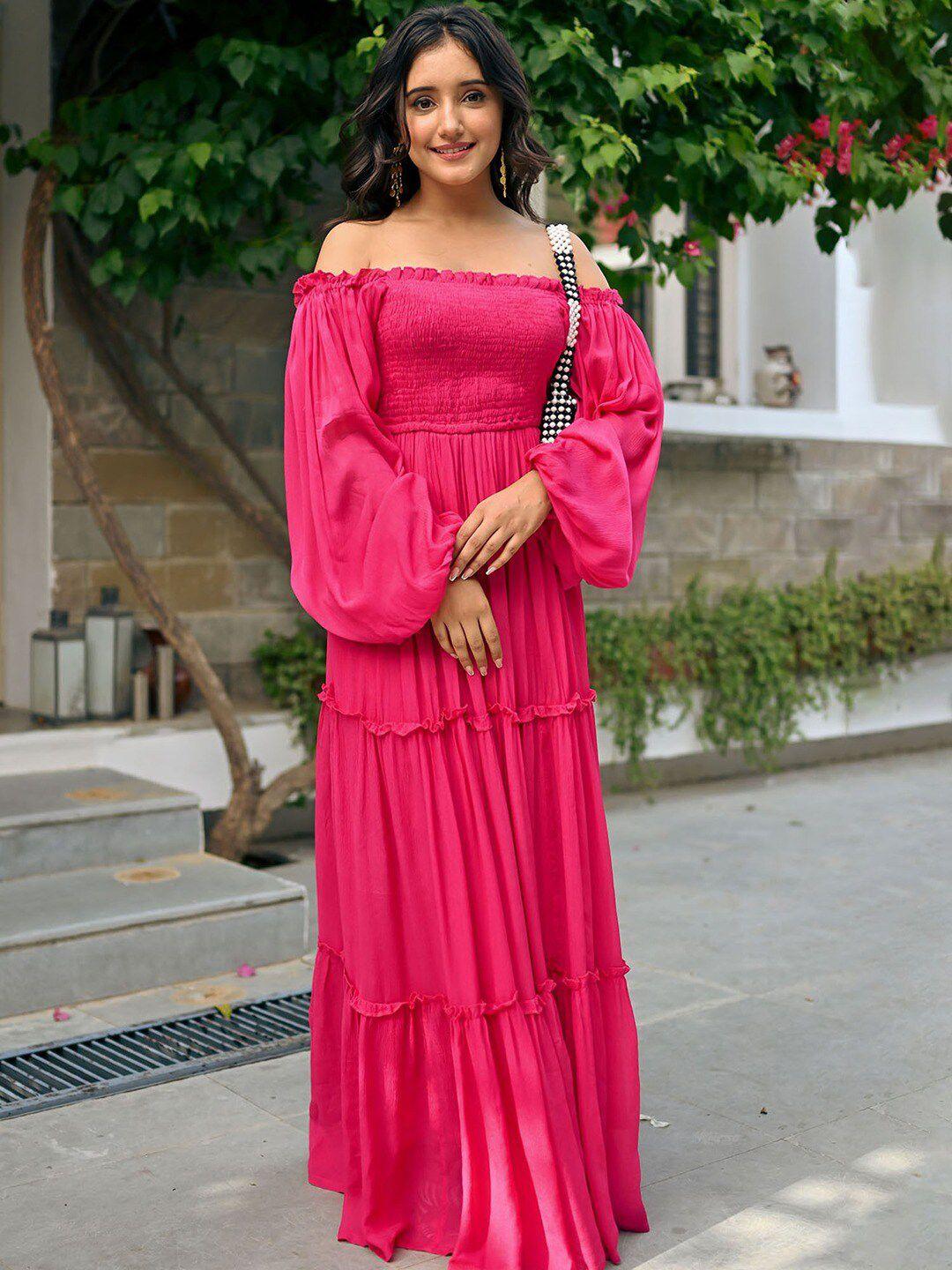 nore21 off-shoulder bell sleeve smocked maxi dress