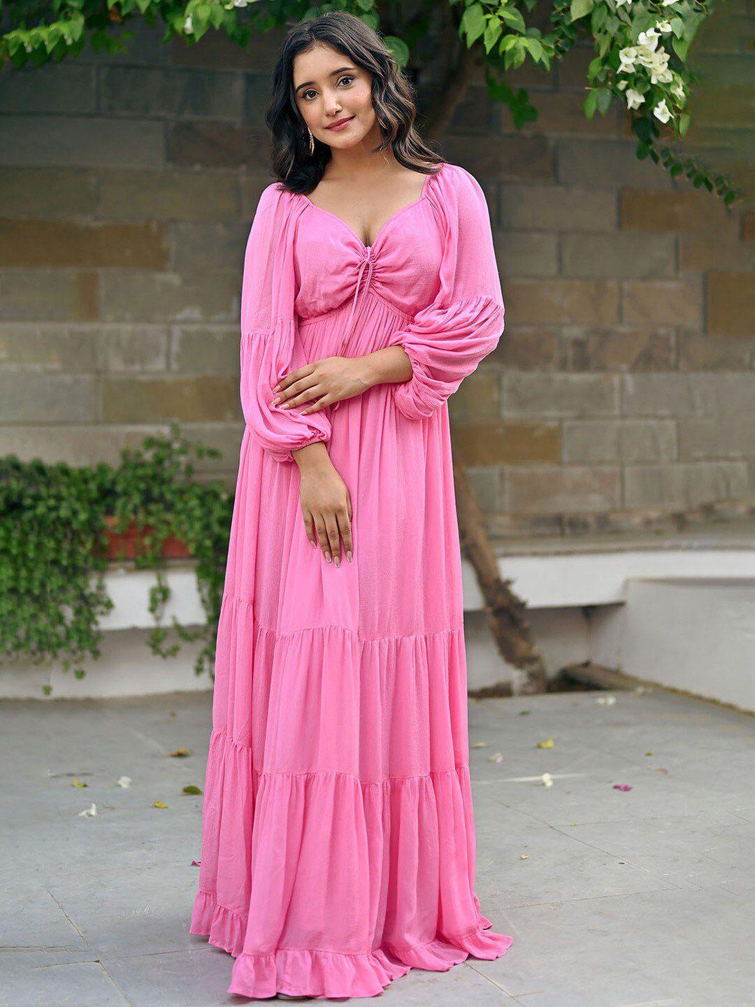 nore21 sweetheart neck puff sleeves  tiered georgette maxi dress