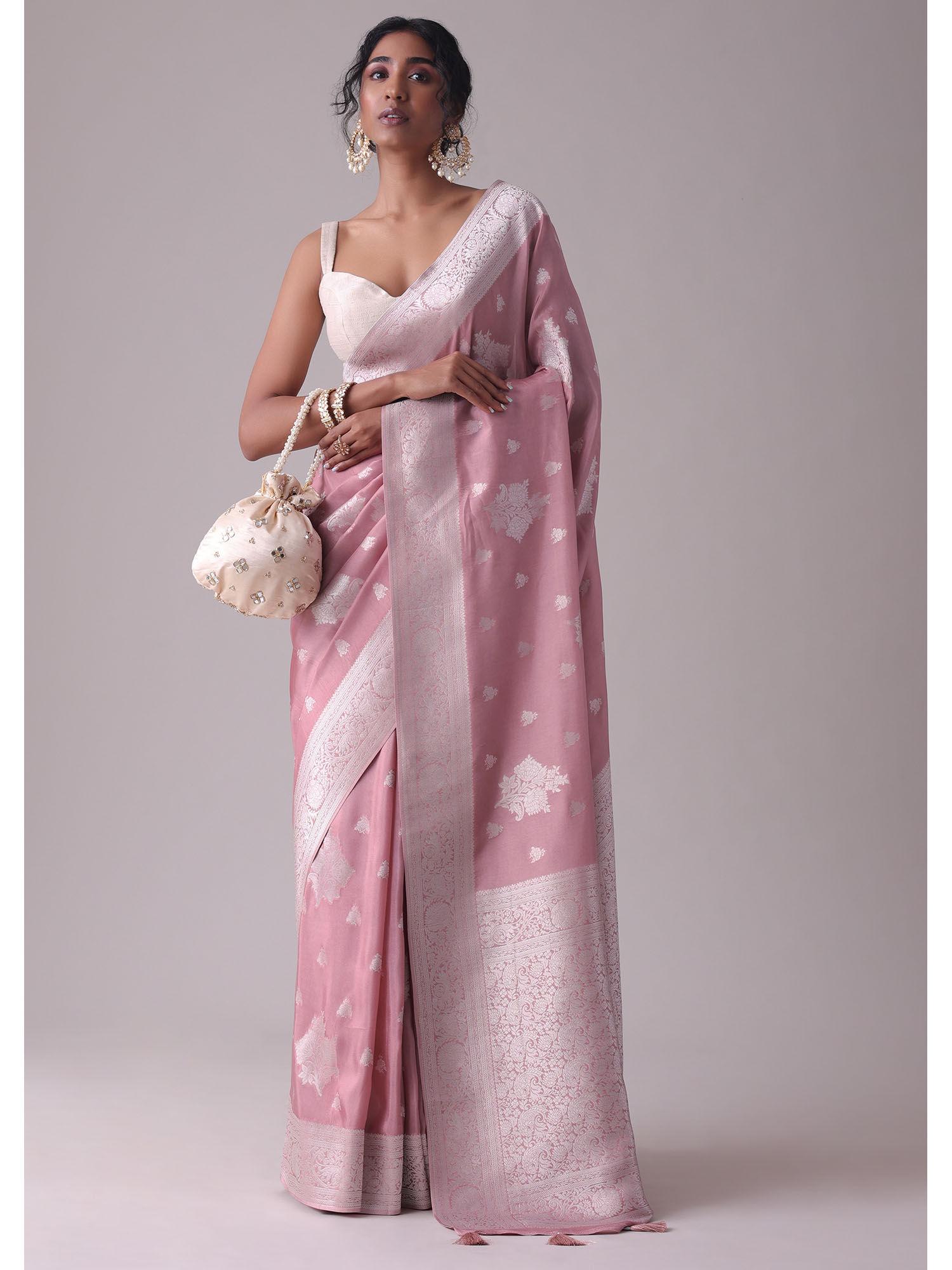 nostalgia rose pink woven saree in dola silk and silver weave with unstitched blouse