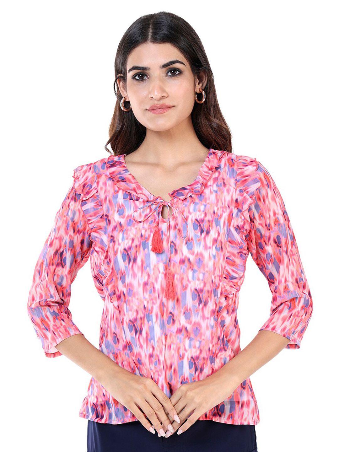 not so pink pink & blue print tie-up neck ruffles top