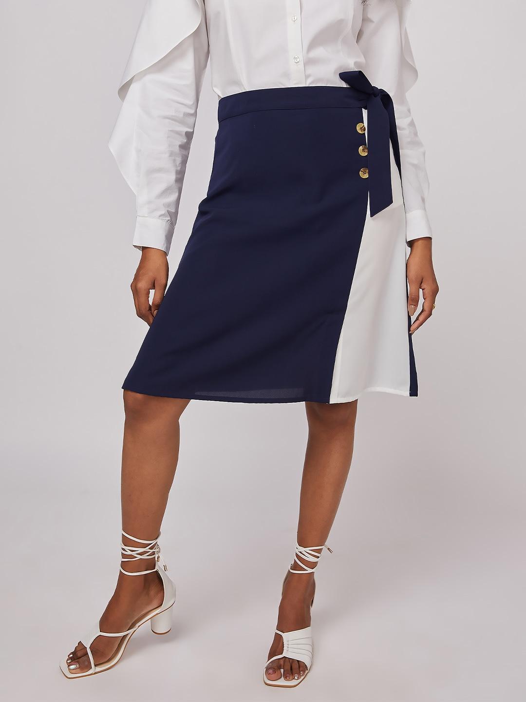 not so pink women navy blue & white solid knee-length a-line skirt