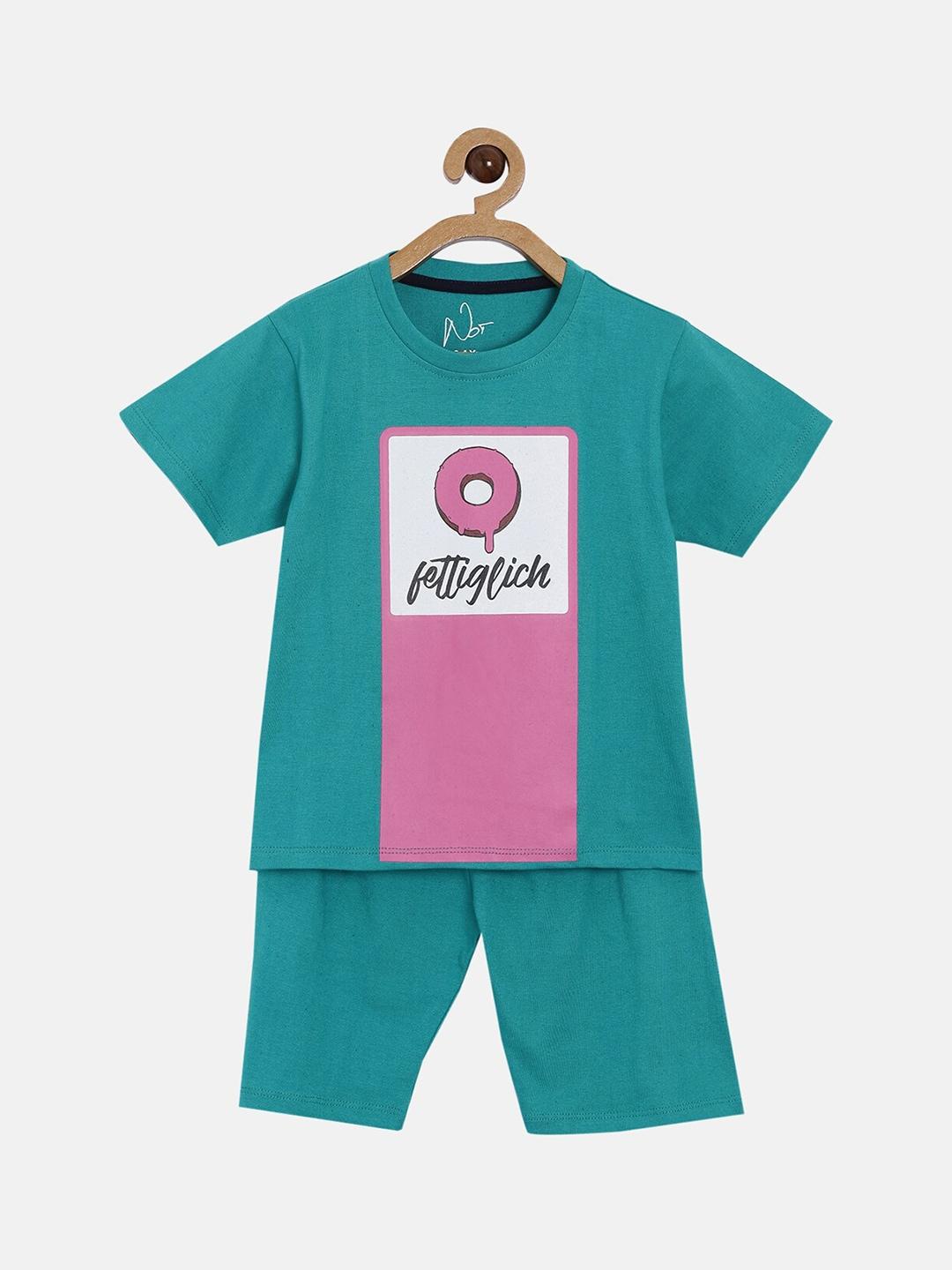 not unisex kids sea green & magenta printed t-shirt with shorts