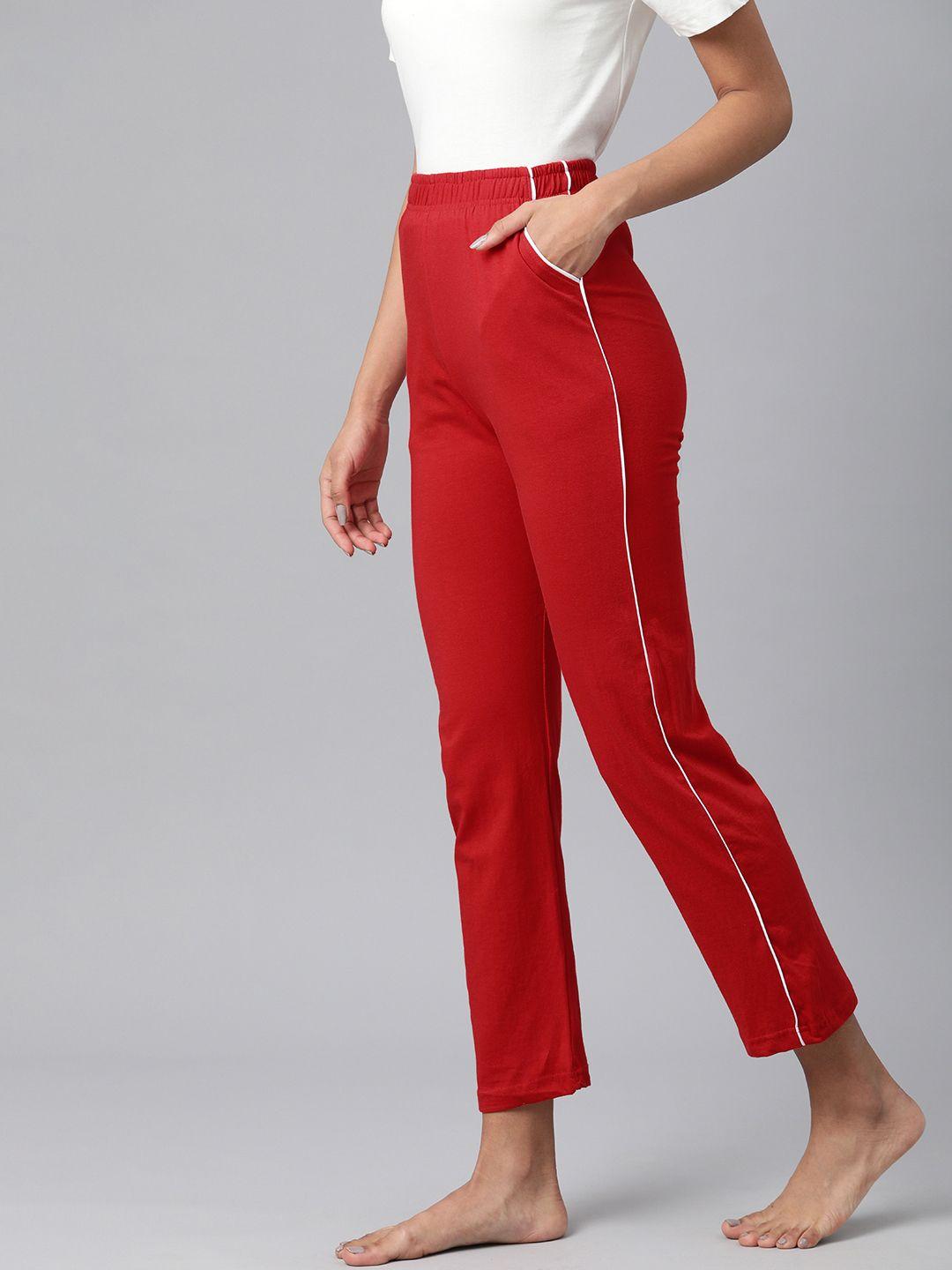 not yet by us women red solid cropped cotton lounge pants with side stripes