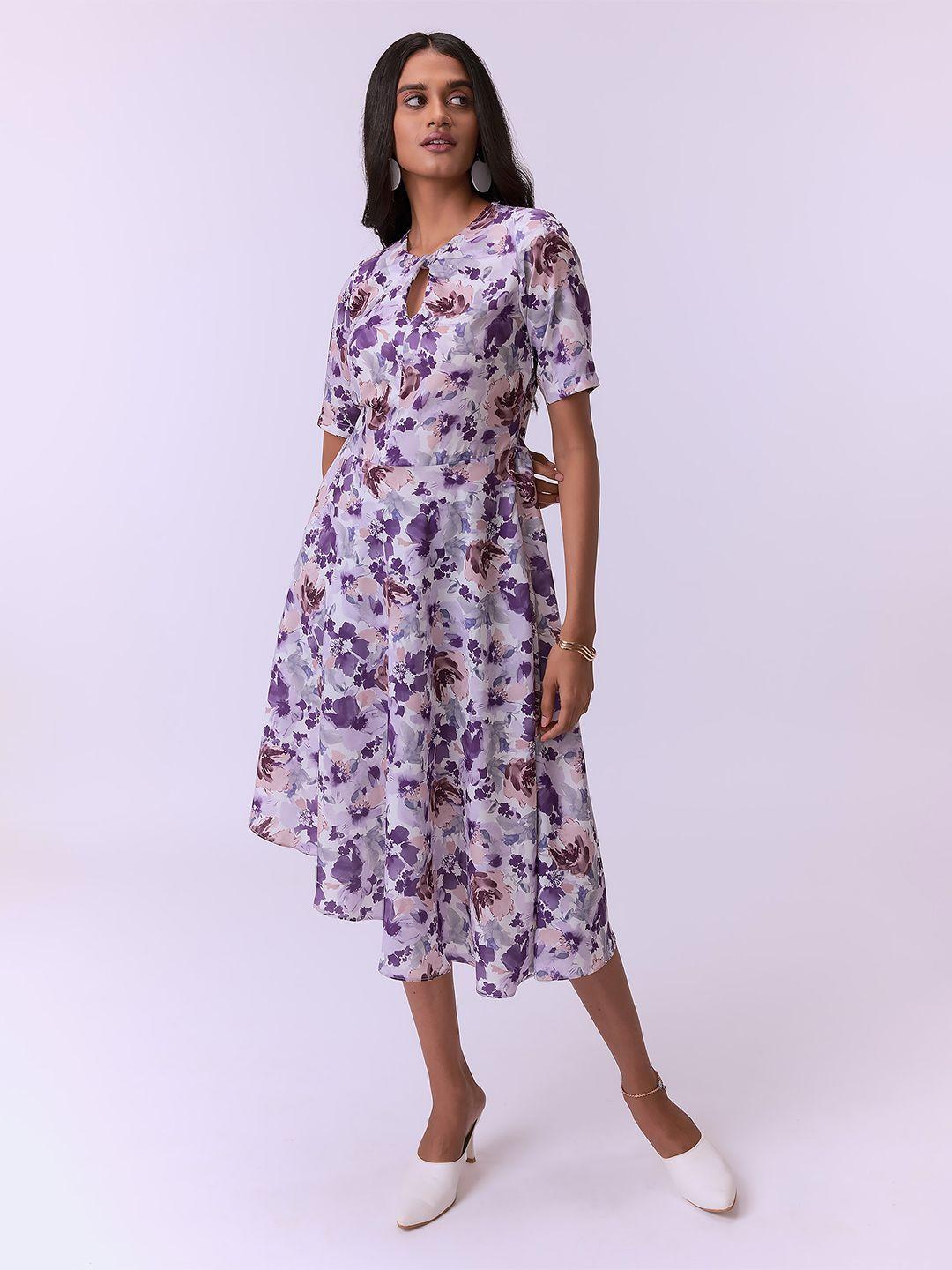 not so pink purple floral tie-up neck formal midi dress