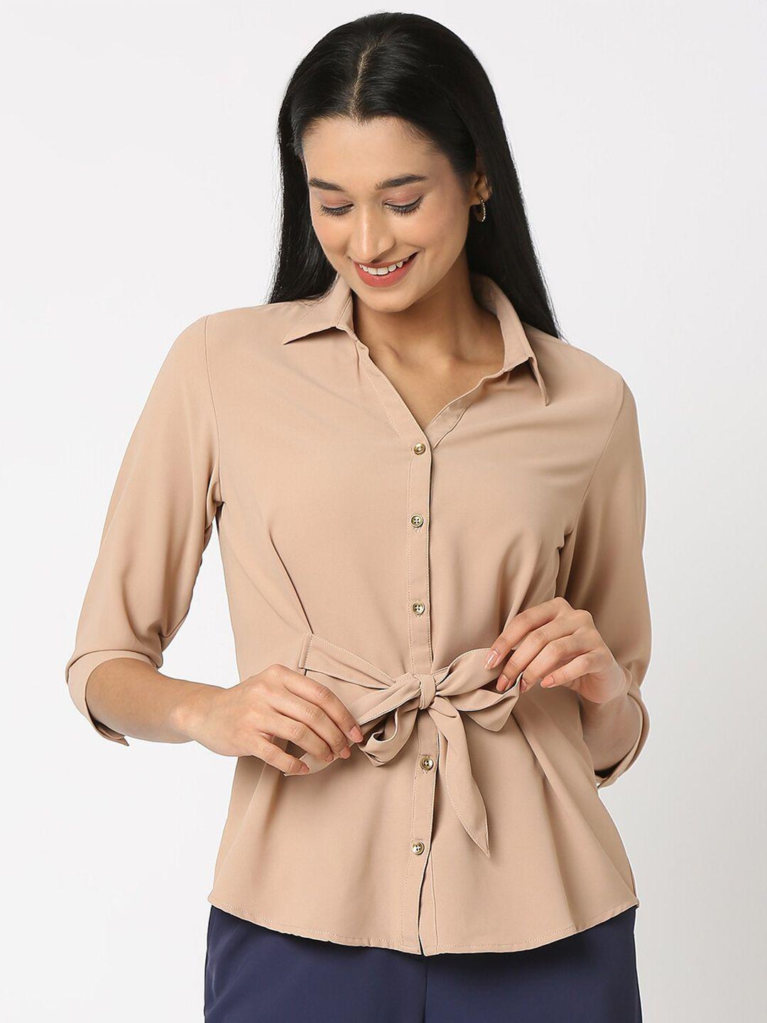 not so pink smart spread collar waist tie up casual shirt