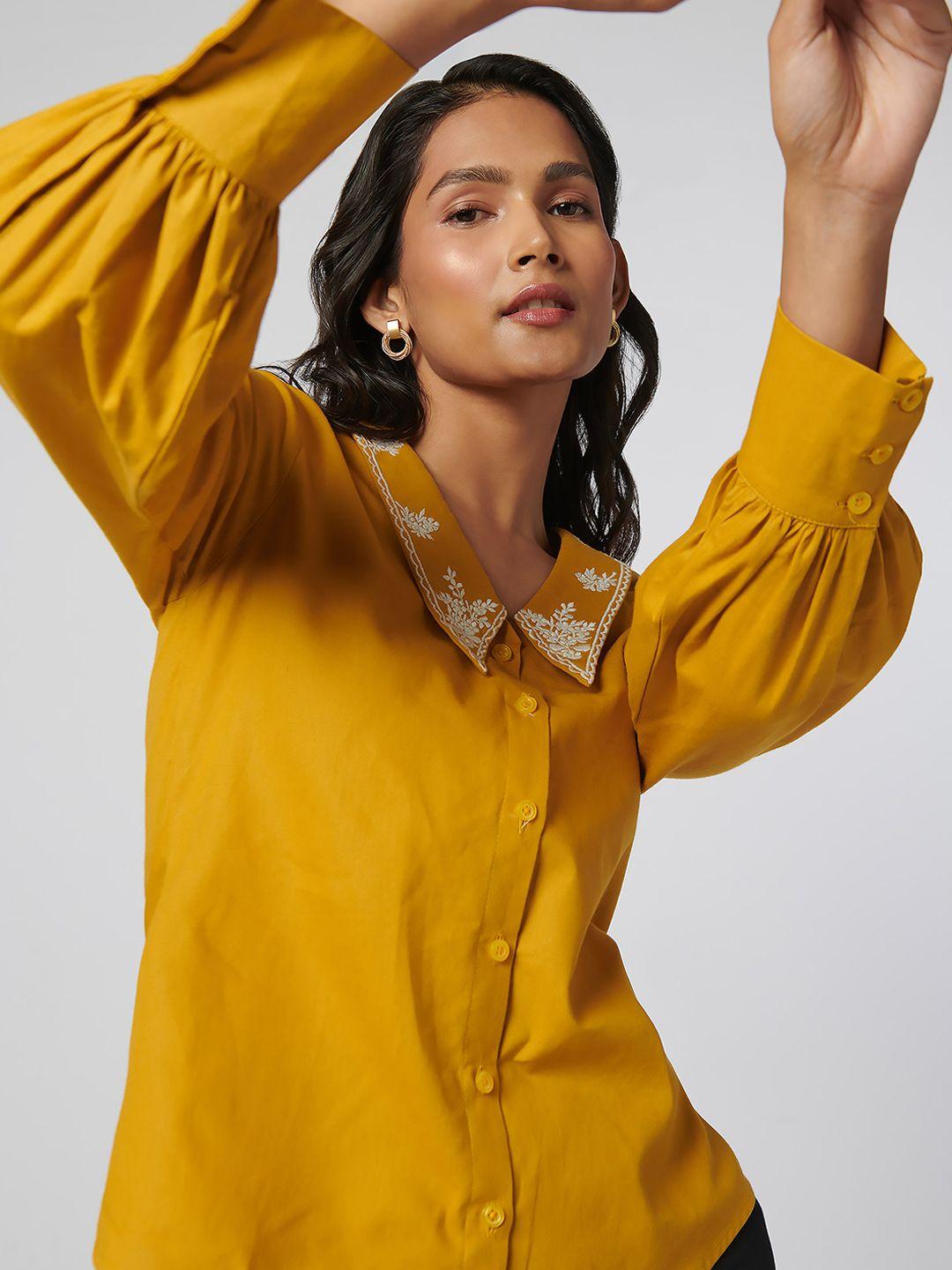 not so pink women mustard solid cotton casual shirt