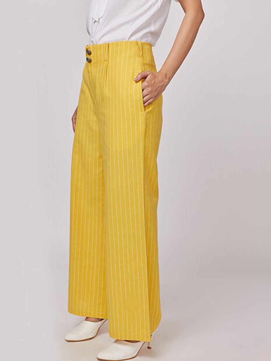 not so pink women mustard yellow striped cotton trousers