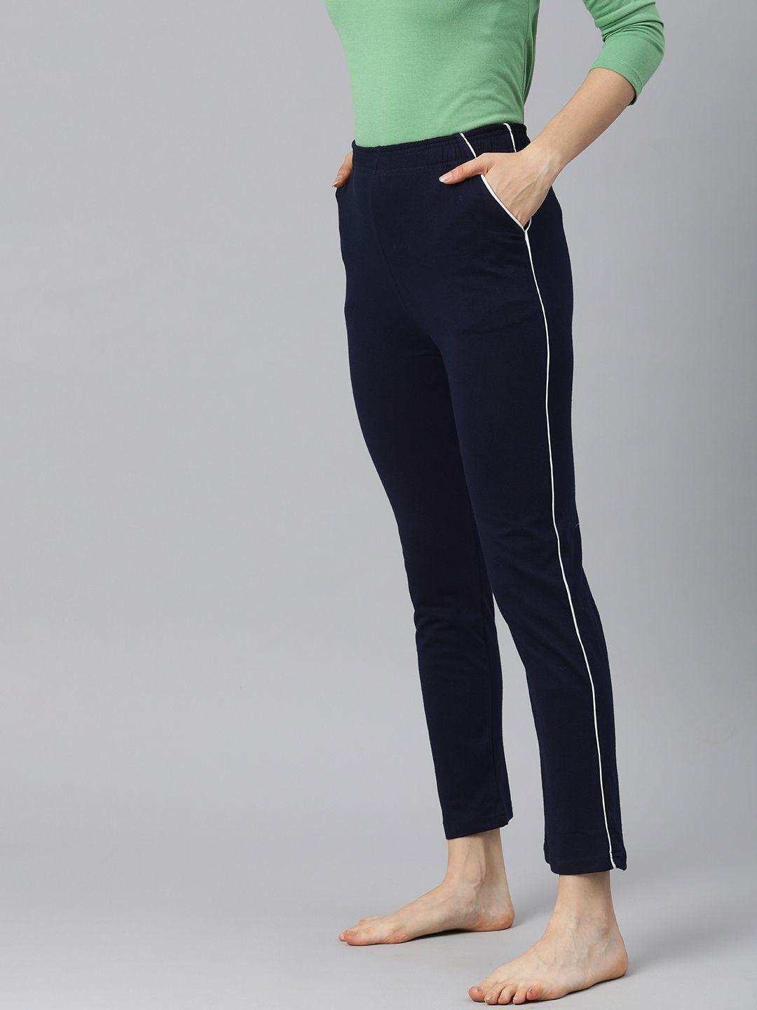 not yet by us women navy blue side striped cotton lounge pants