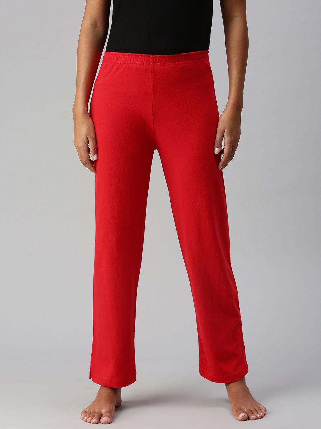 not yet by us women red solid mid-rise cotton lounge pants