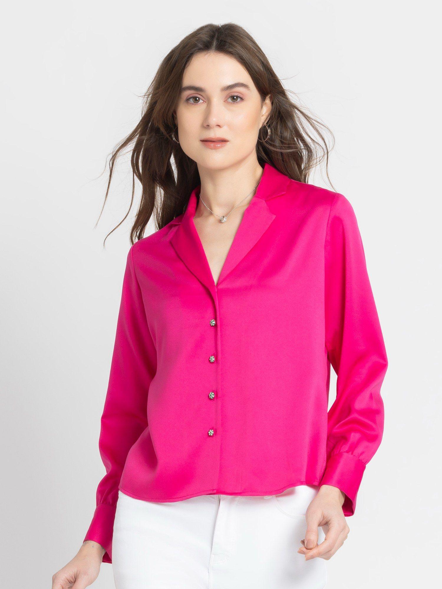 notch collar fuchsia pink solid long sleeves casual shirt for women