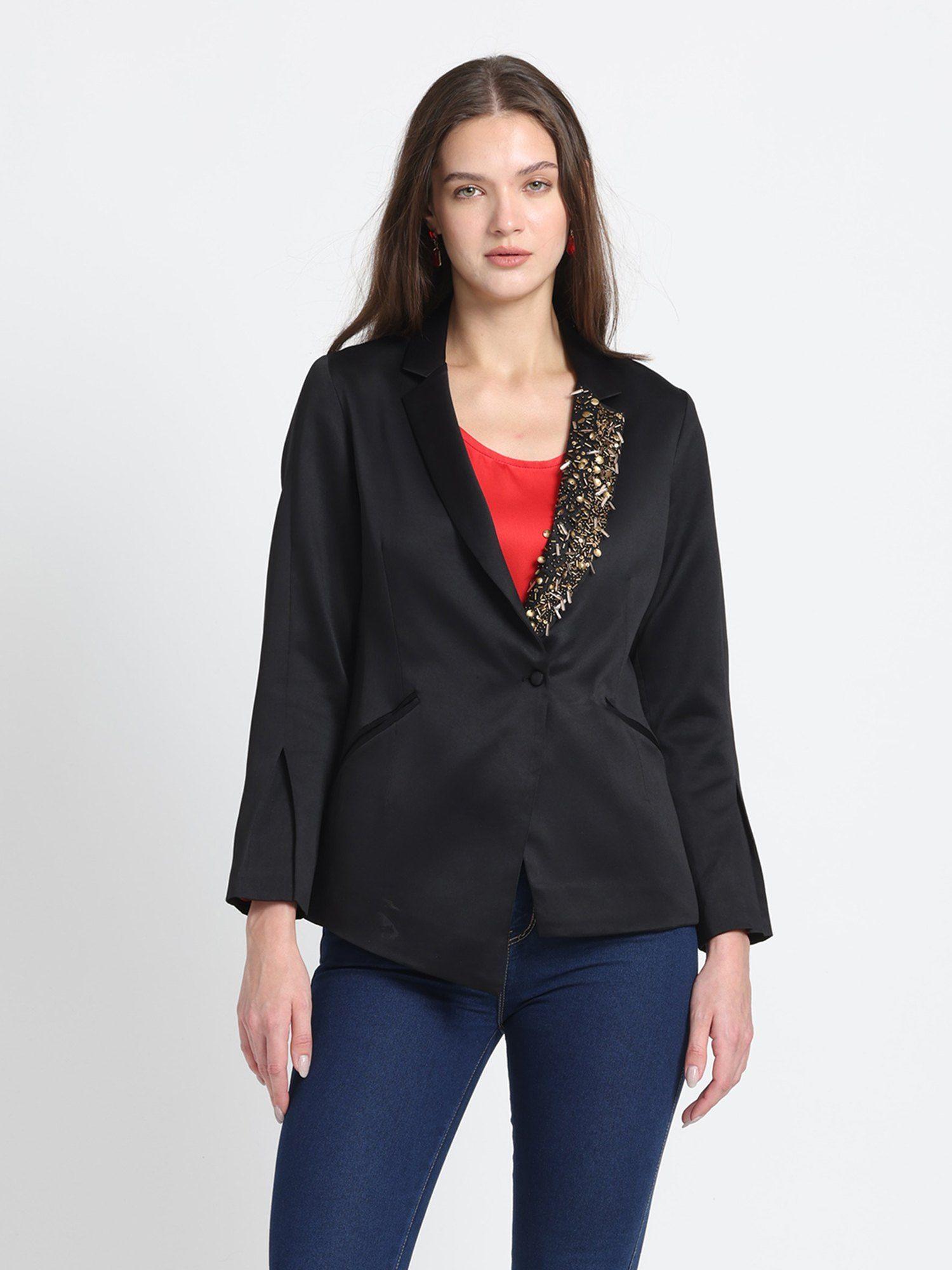 notched lapel collar black solid full sleeves party blazer for women