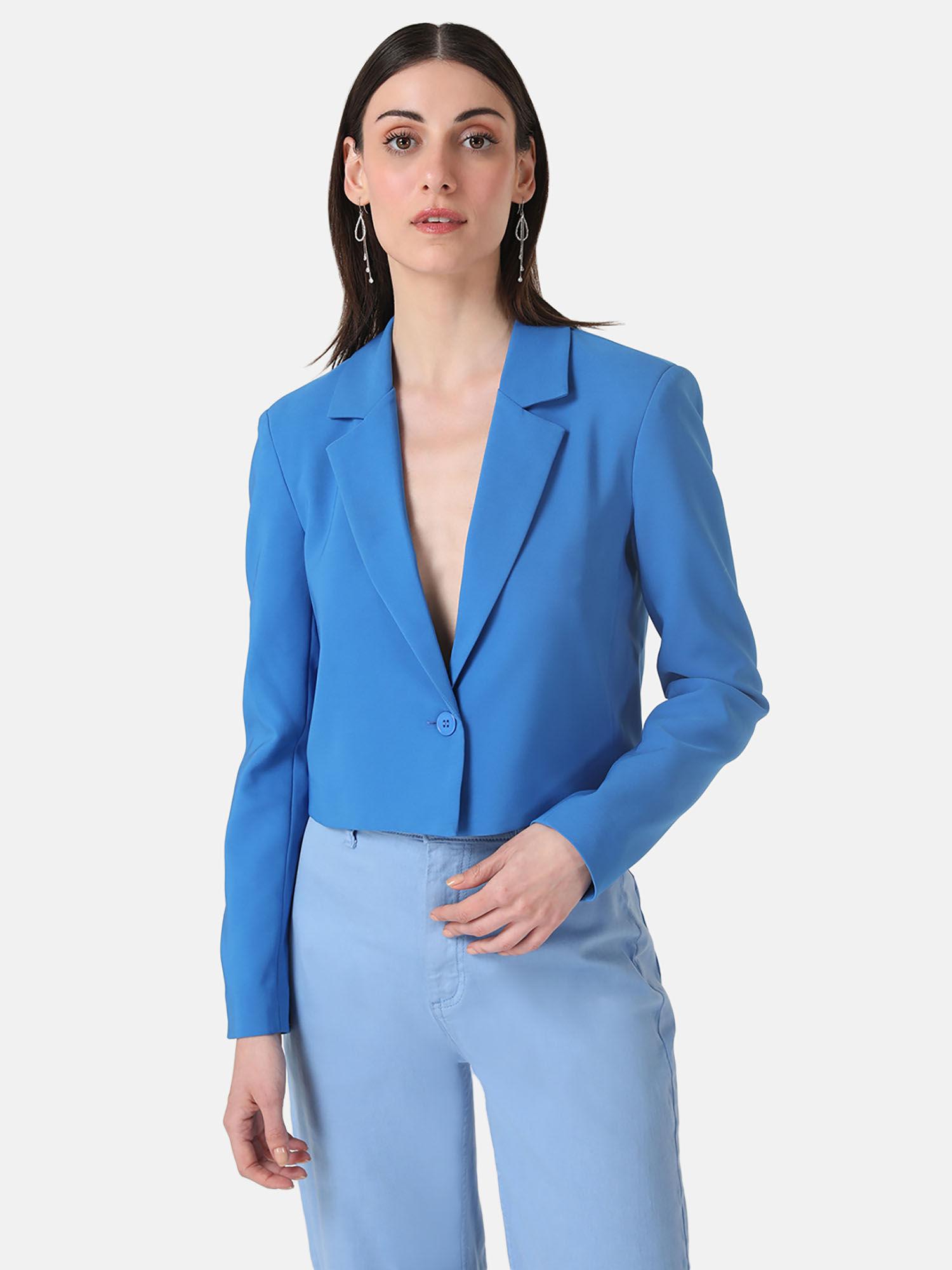 notched lapel collar cropped blue blazer