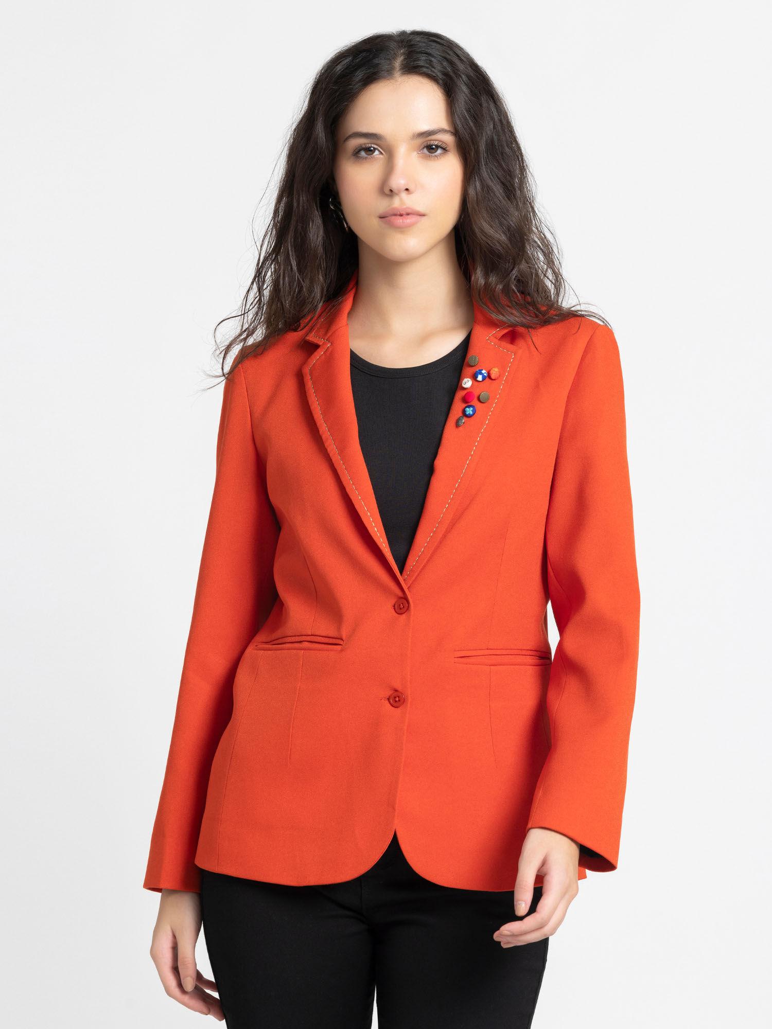 notched lapel orange solid full sleeves casual blazer for women