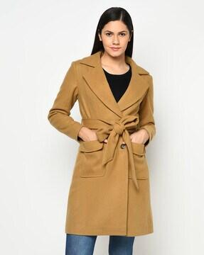 notched lapel coat with belt & flap pockets