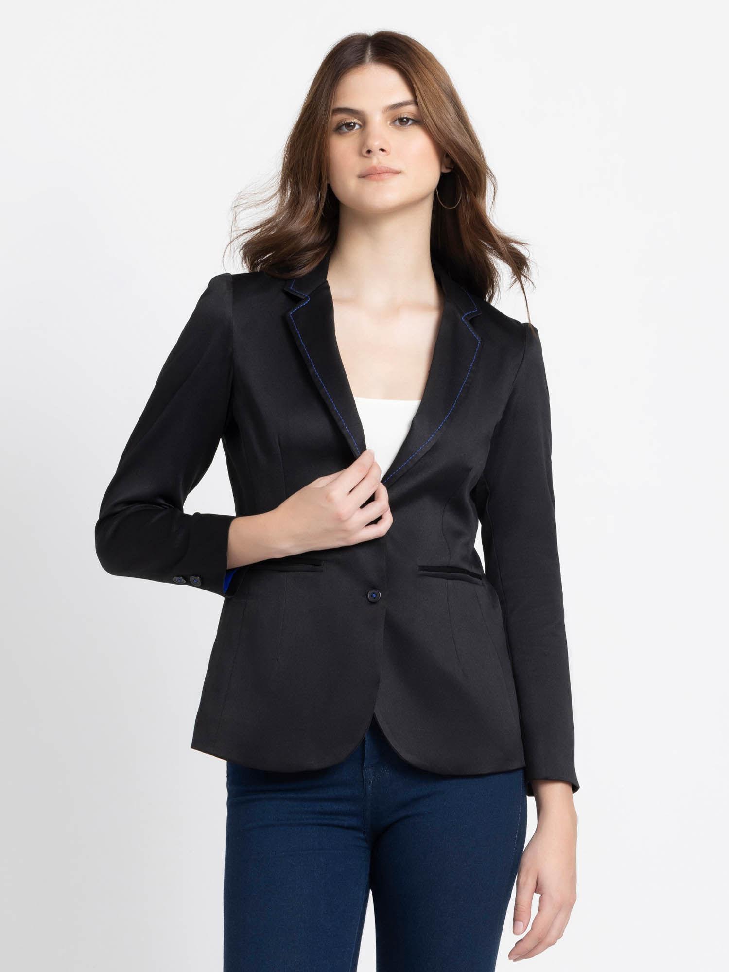 notched lapel collar black solid full sleeves casual blazer for women