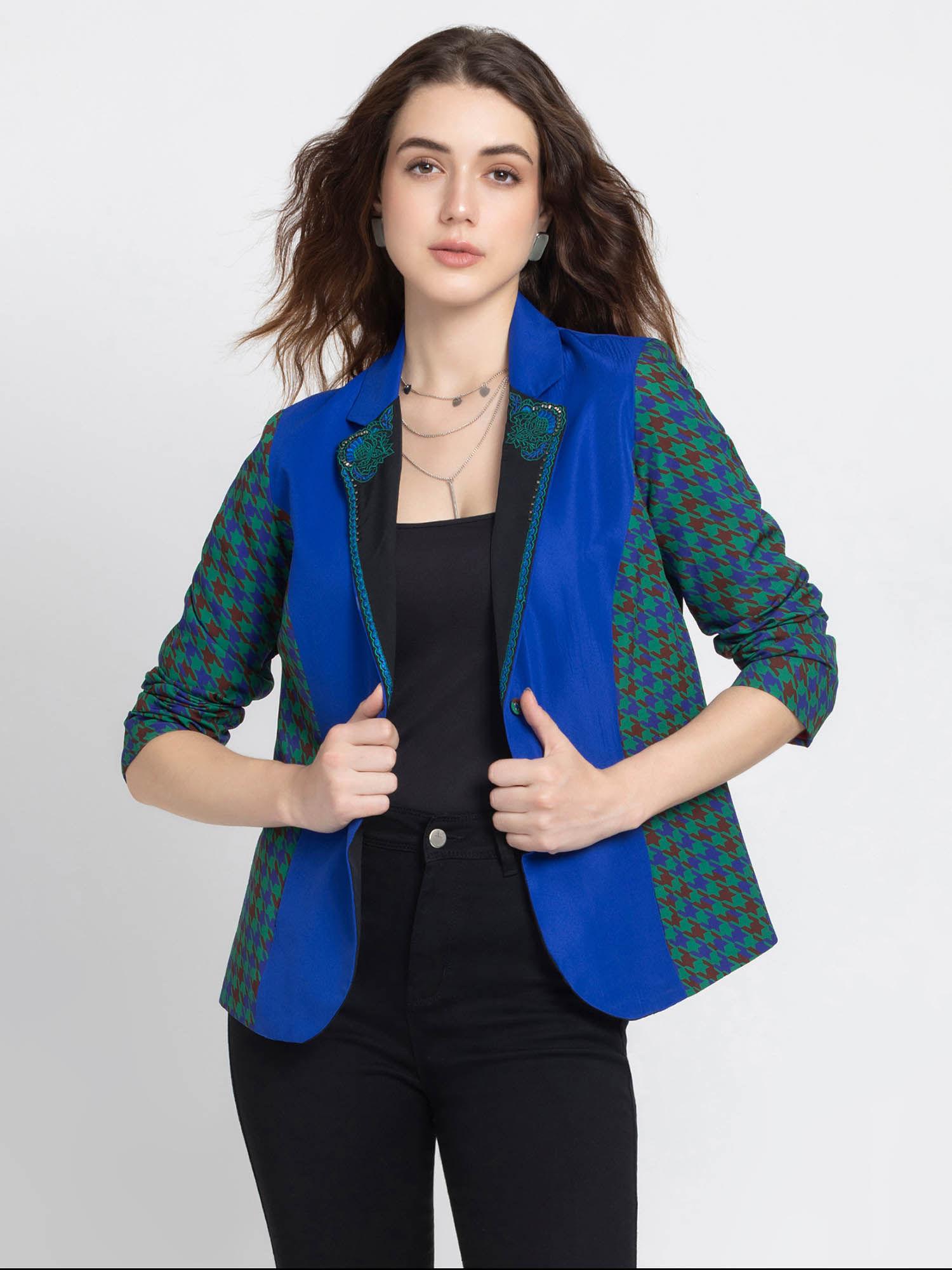 notched lapel collar blue solid full sleeves party blazer for women