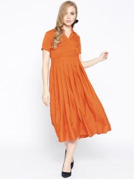 notched lapel collar fit and flare dress with box pleats