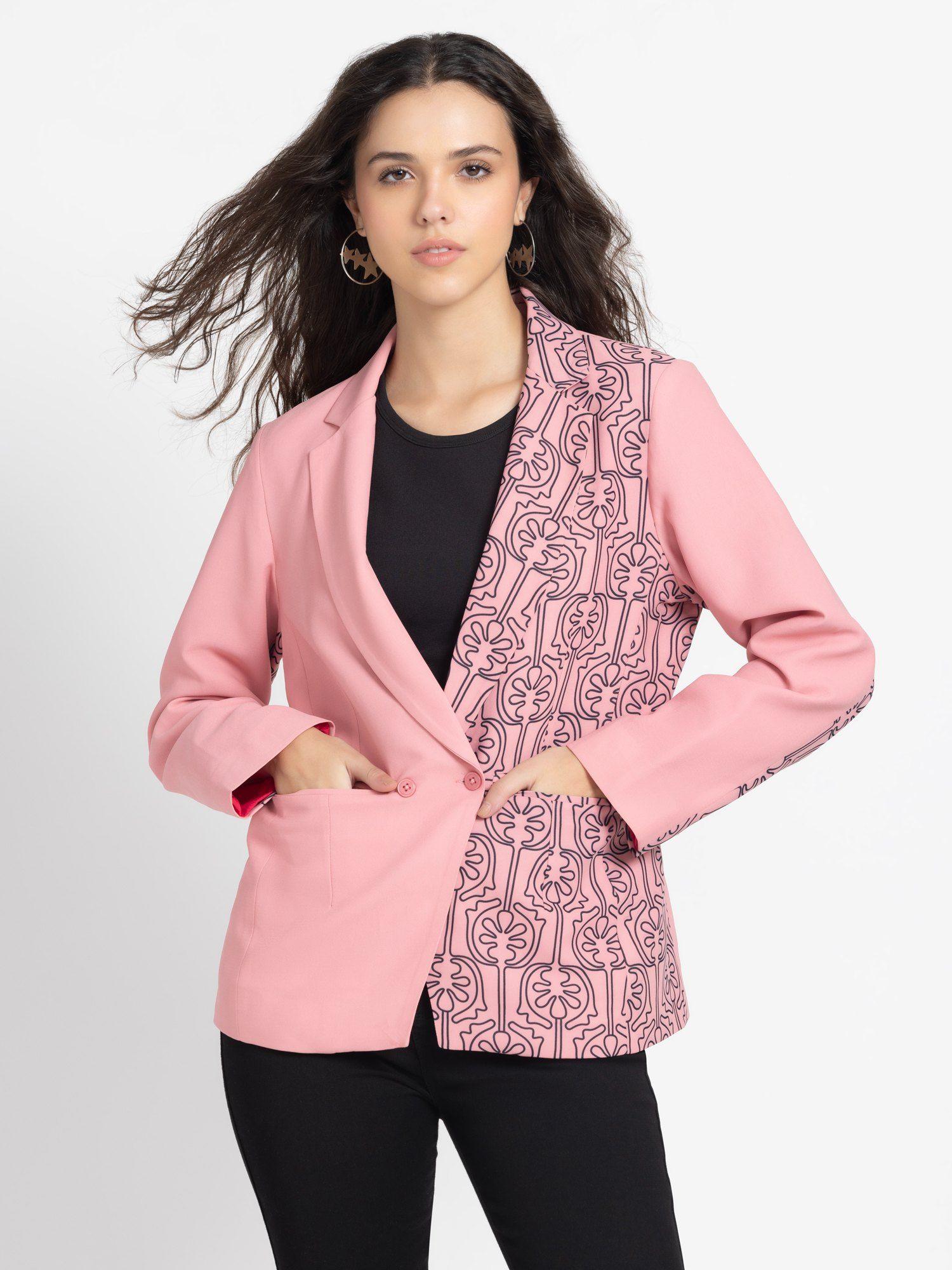notched lapel collar pink printed full sleeves casual blazer for women