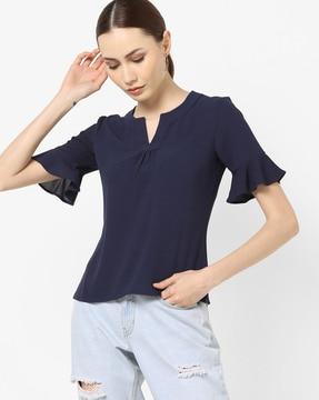 notched round-neck top with flared sleeves