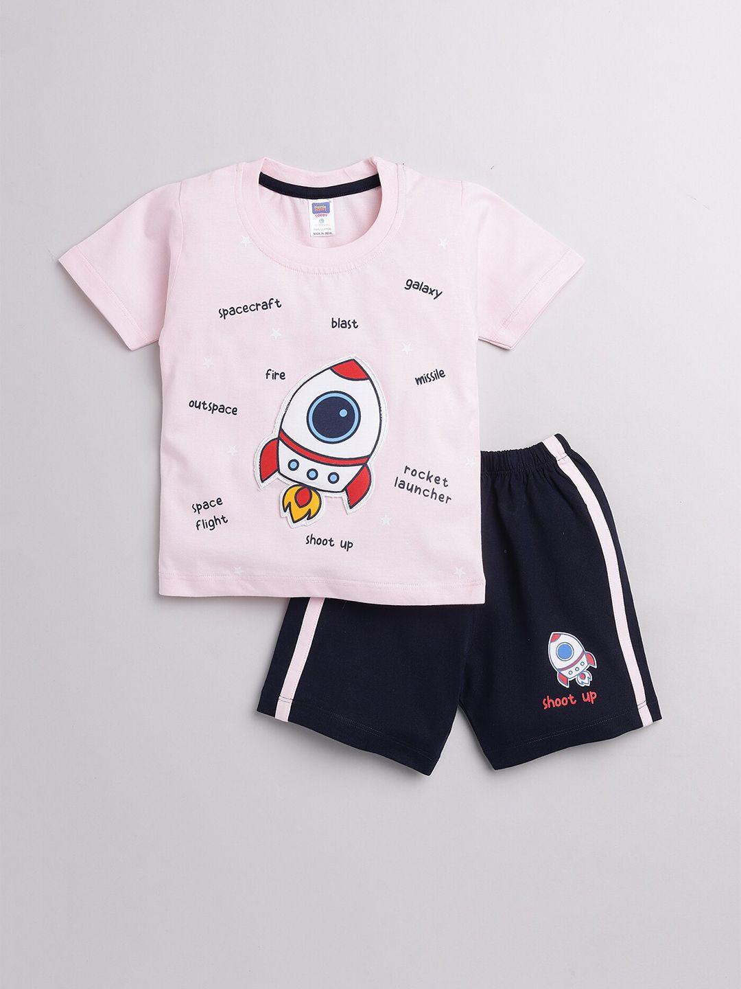 nottie planet boys pink & navy blue printed pure cotton co-ords