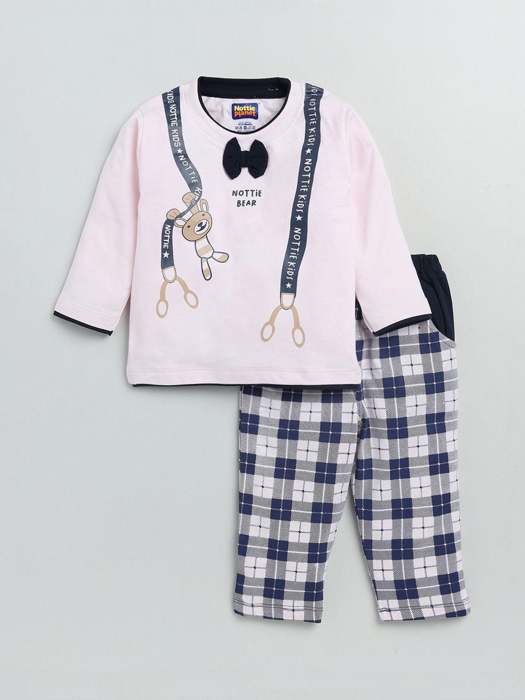 nottie planet boys pink & white pure cotton printed t-shirt with trousers