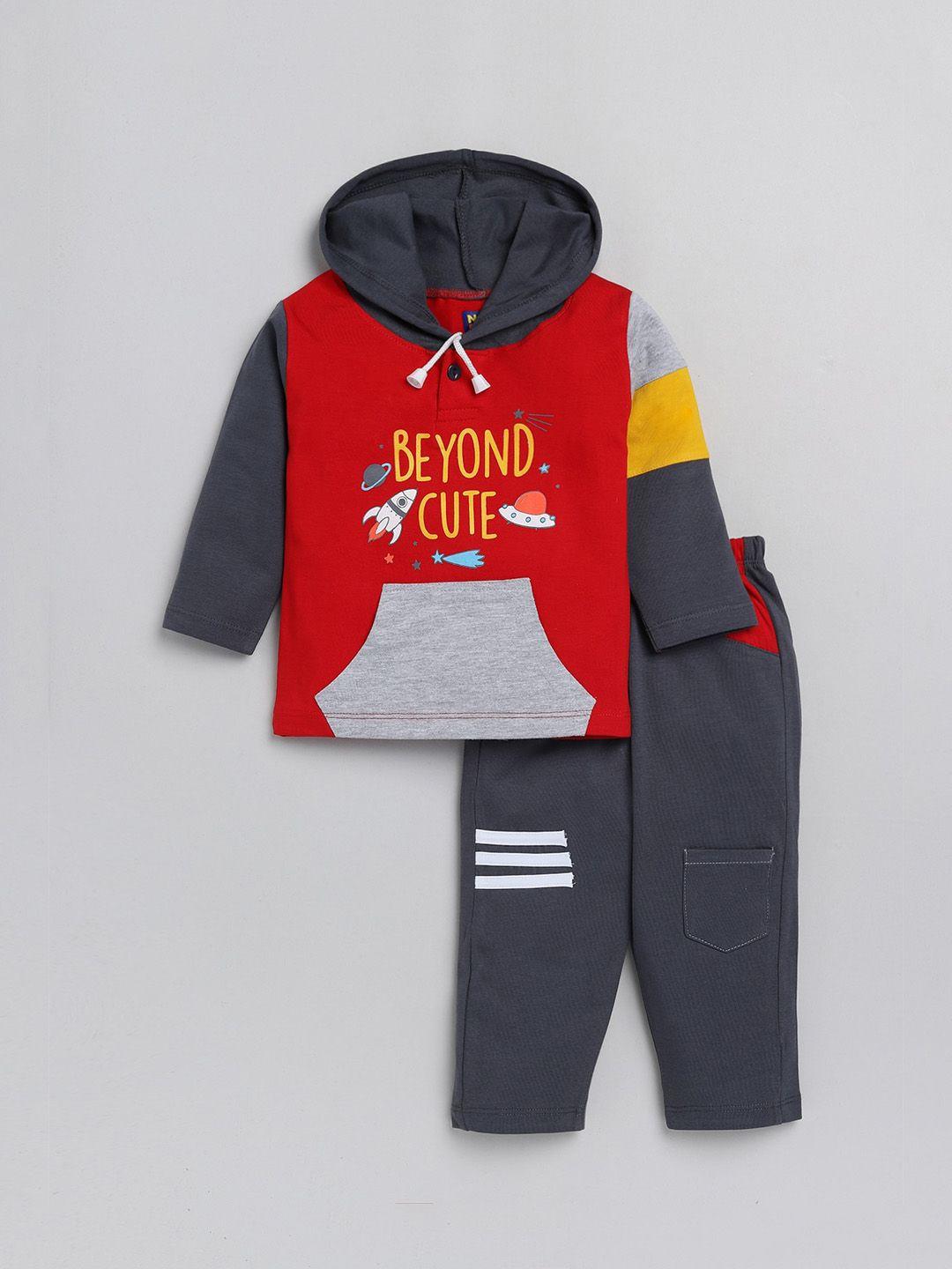 nottie-planet-boys-red-&-grey-melange-pure-cotton-printed-t-shirt-with-pyjamas