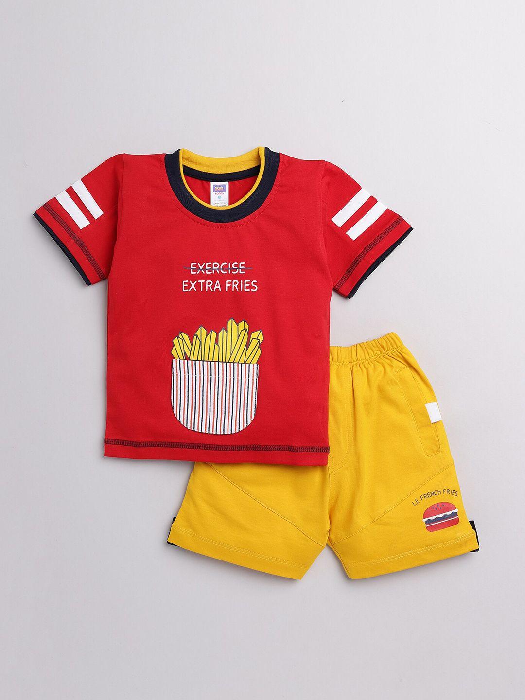 nottie planet boys red & yellow printed pure cotton t-shirt with shorts