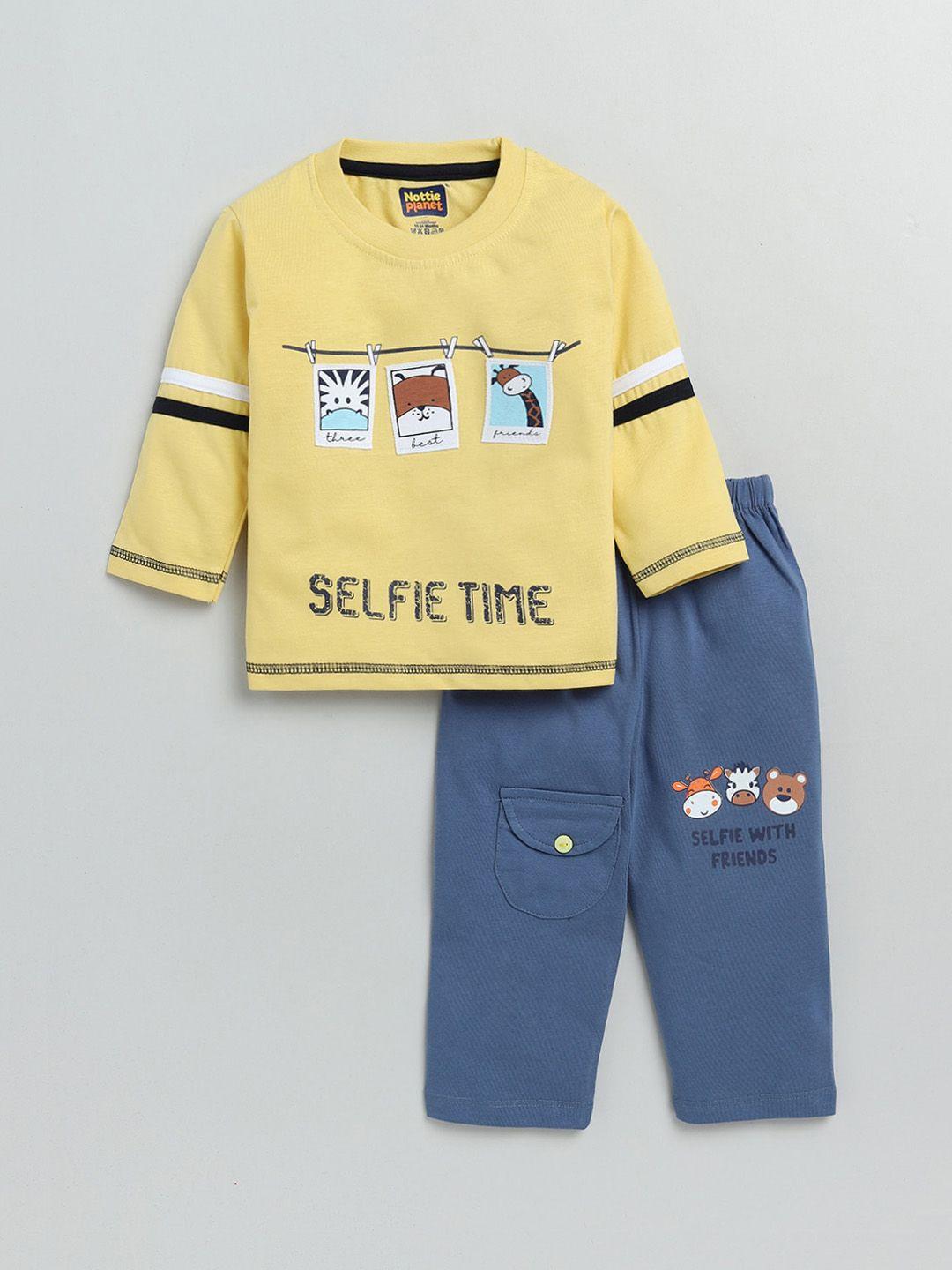 nottie planet boys yellow & blue printed pure cotton t-shirt with pyjamas