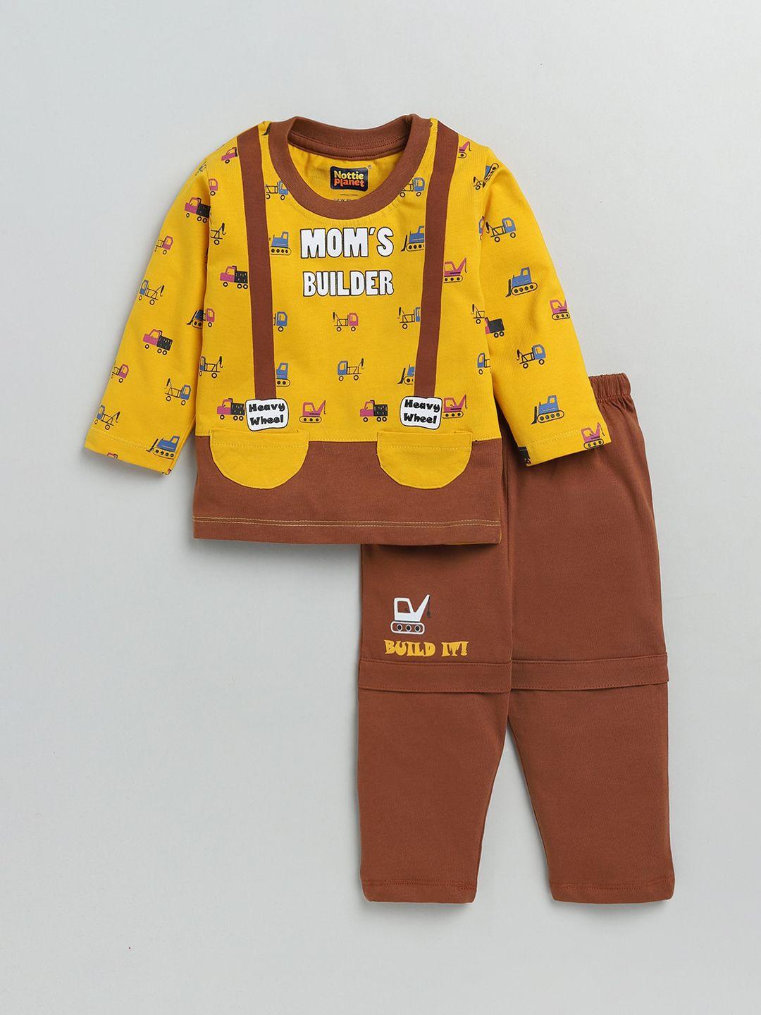 nottie planet boys yellow & brown printed cotton t-shirt with pyjamas