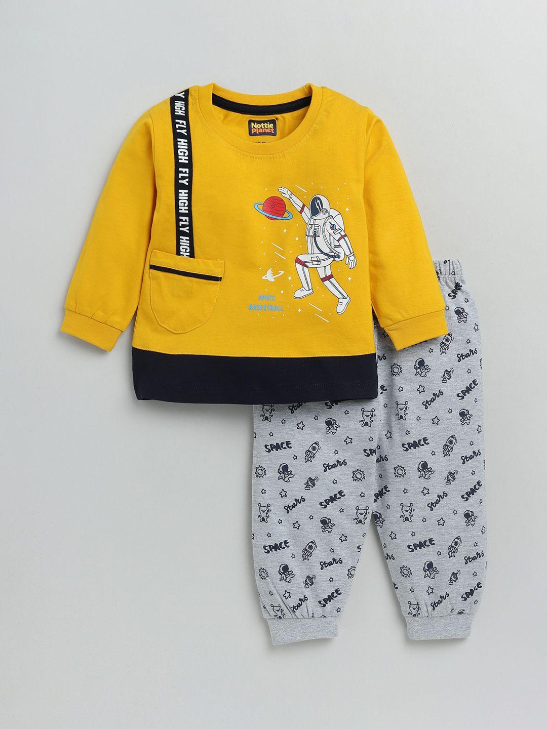 nottie planet boys yellow & grey printed cotton t-shirt with pyjamas