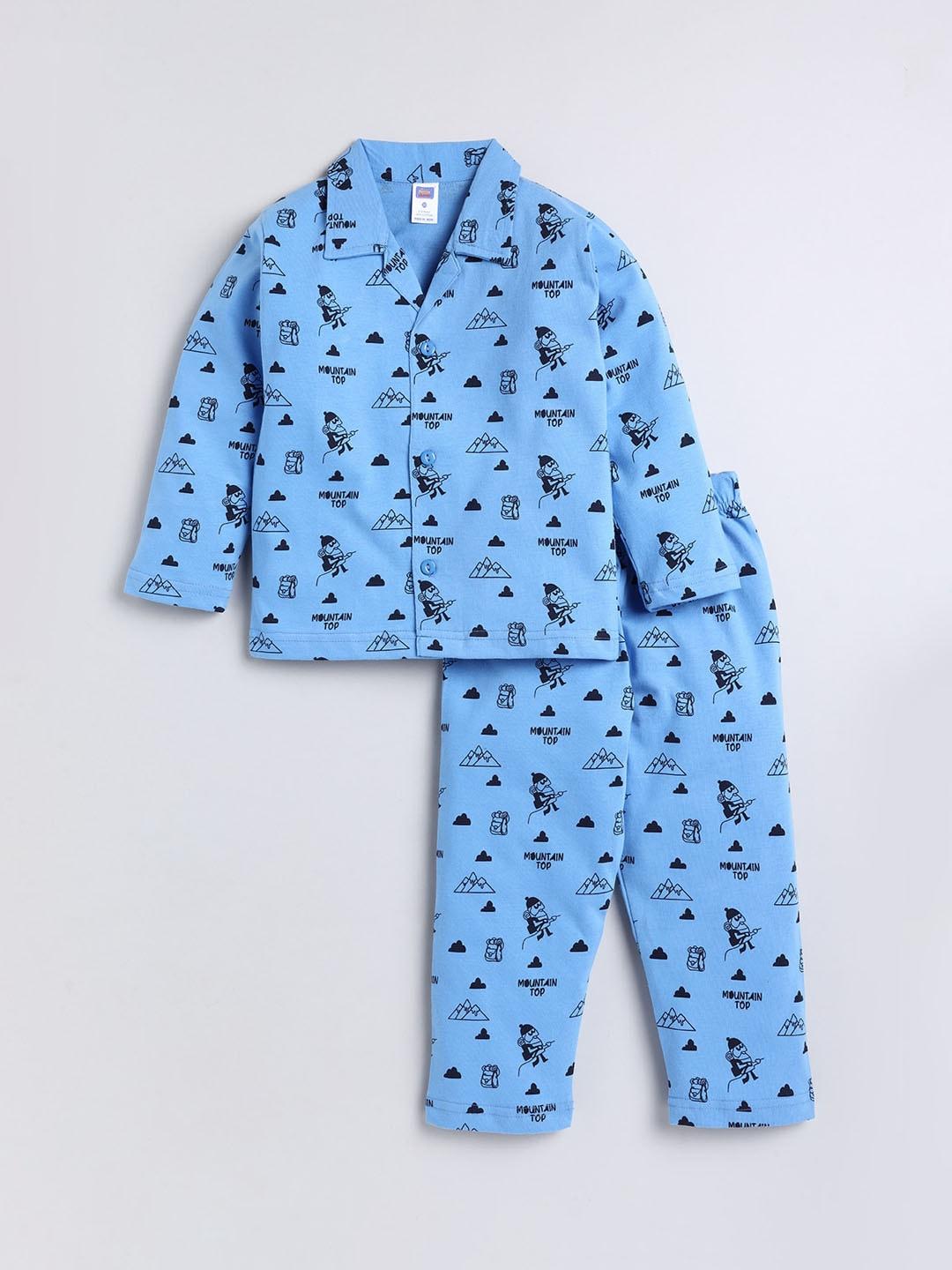 nottie planet unisex kids blue printed pure cotton night suit
