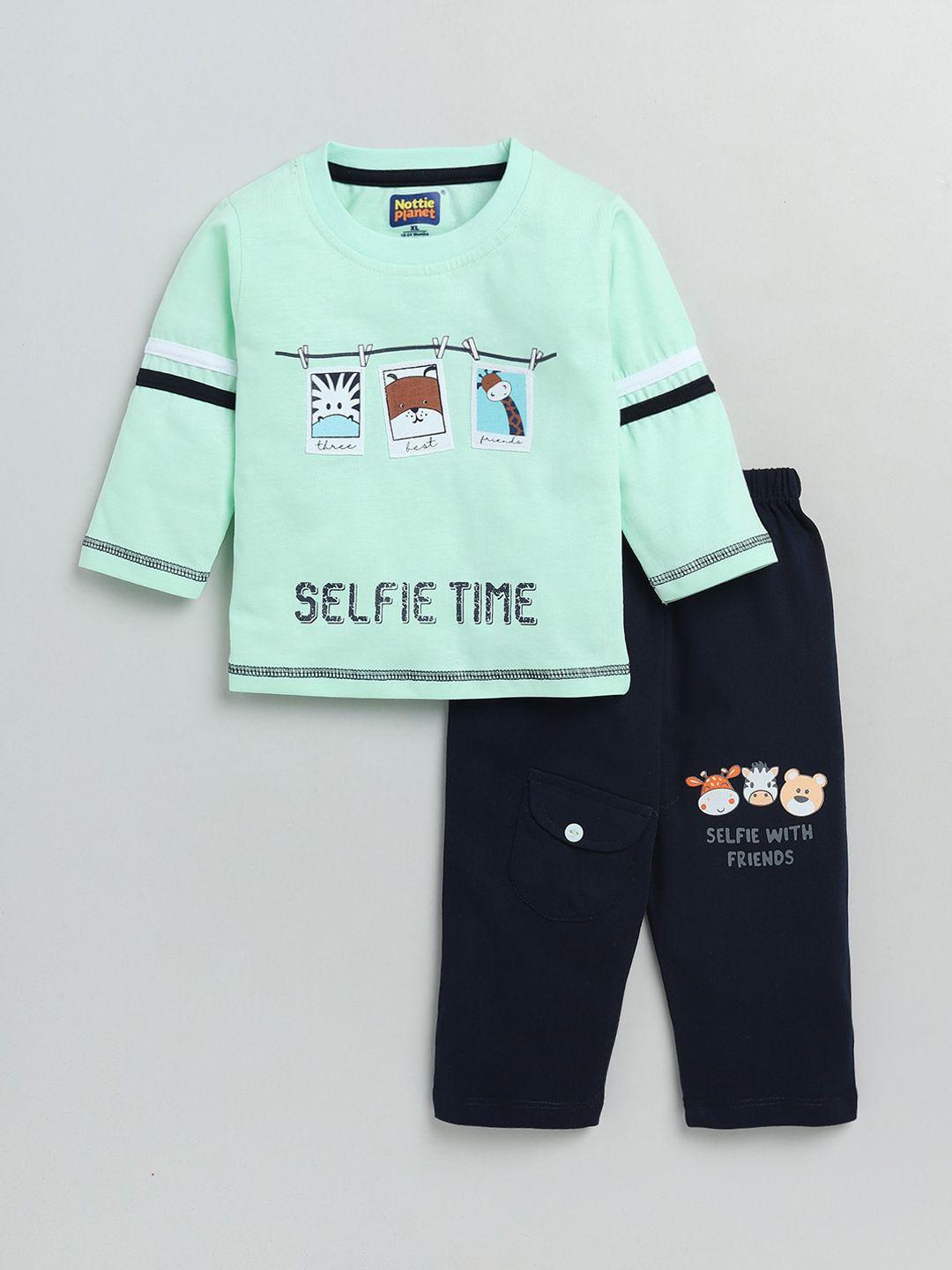 nottie planet boys green & black printed pure cotton t-shirt with pyjamas