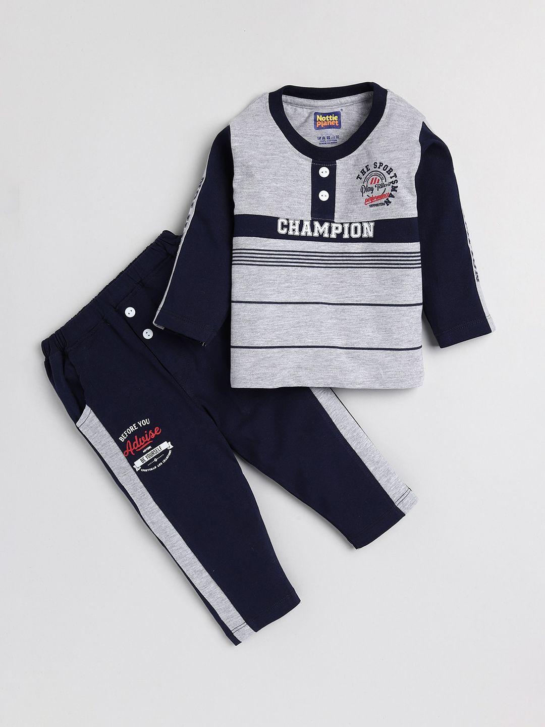 nottie planet boys grey & navy blue printed cotton t-shirt with pyjamas