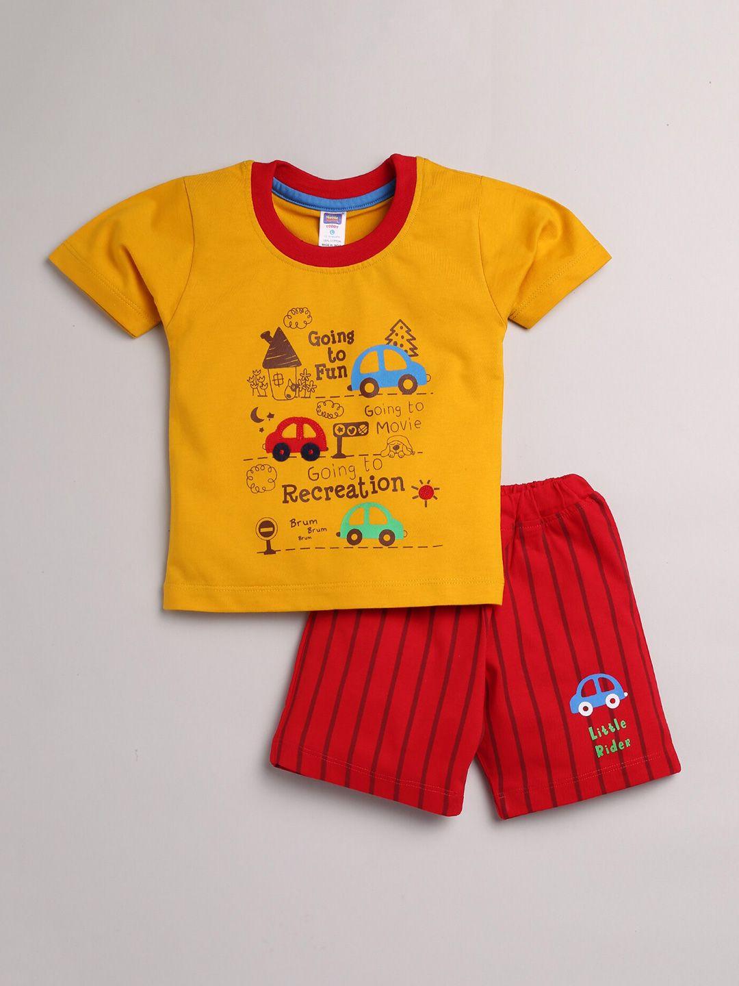 nottie planet boys mustard & red printed cotton t-shirt & shorts