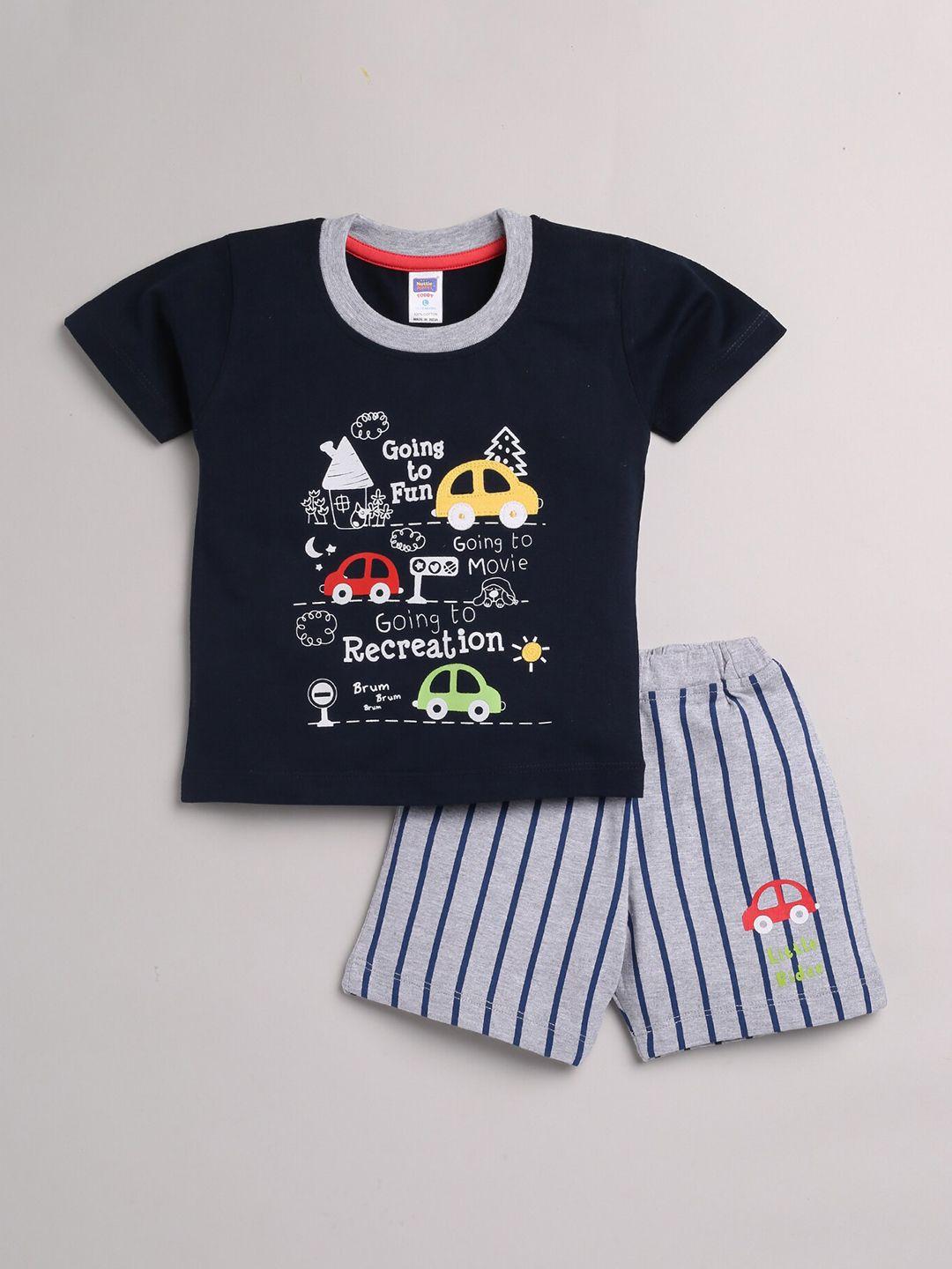 nottie planet boys navy black & grey pure cotton printed t-shirt & shorts