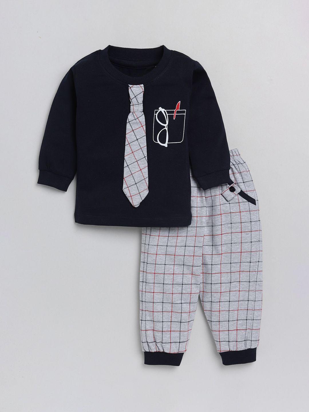 nottie planet boys navy blue & grey melange printed cotton t-shirt with trousers