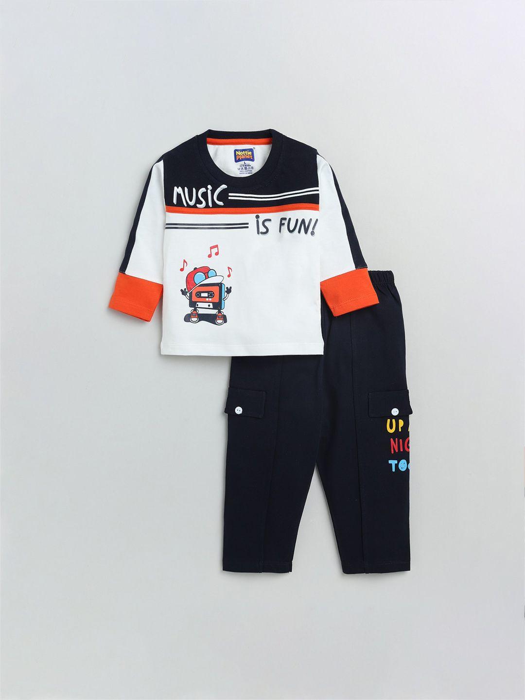 nottie planet boys pure cotton navy blue & white printed t-shirt with trousers