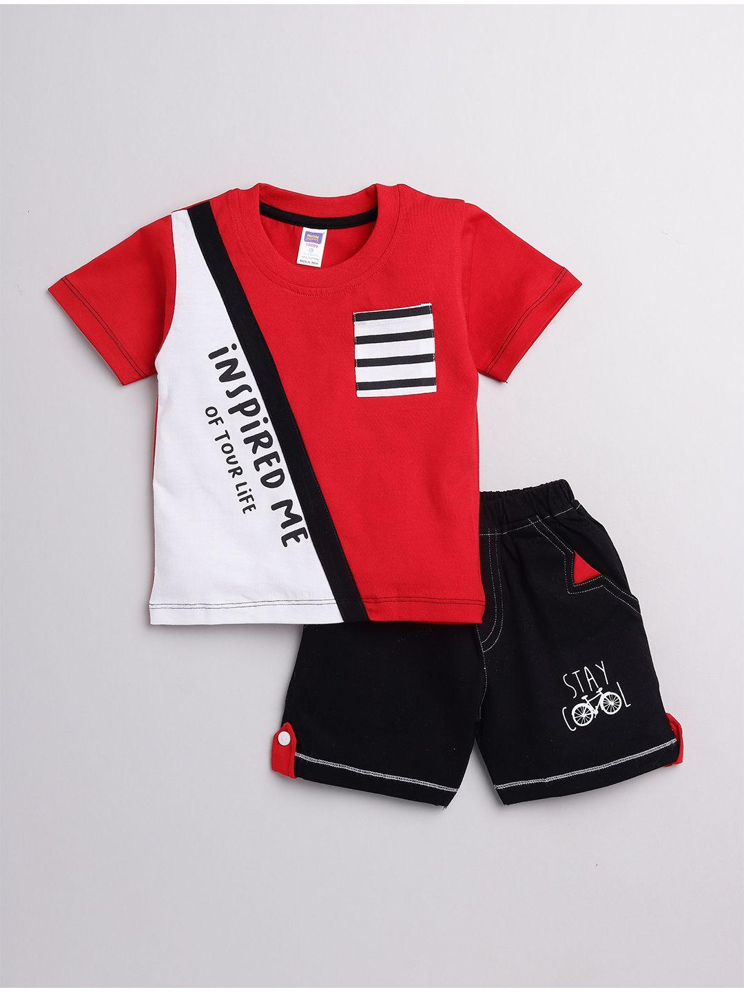nottie planet boys red & black pure cotton solid printed t-shirt & shorts
