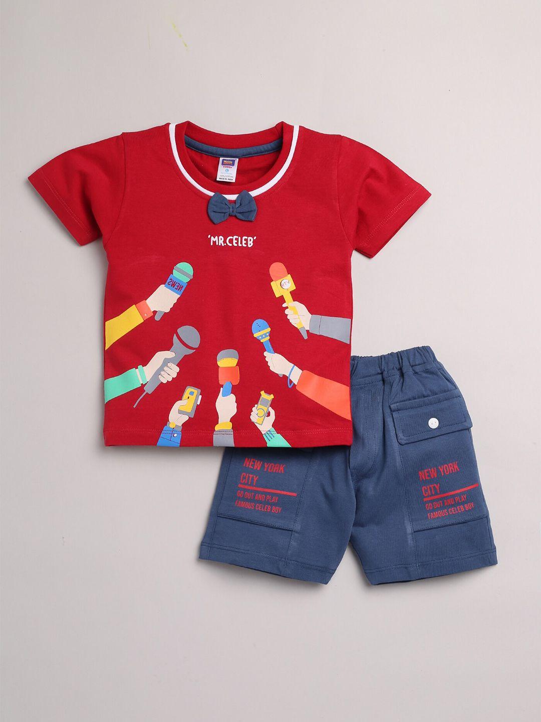 nottie planet boys red & blue printed pure cotton t-shirt & shorts