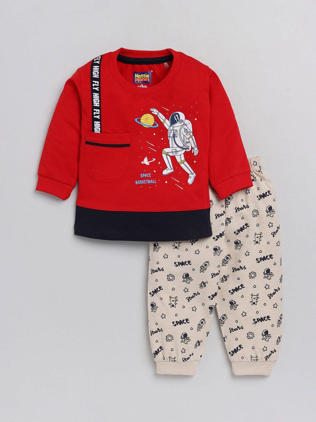 nottie planet boys red & brown printed pure cotton t-shirt with pyjamas