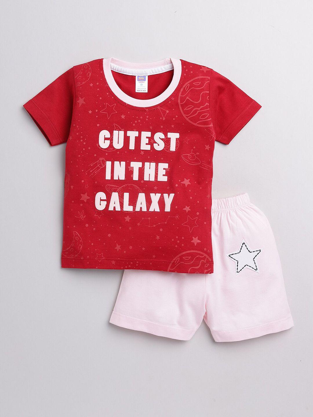 nottie planet boys red & pink printed pure cotton t-shirt with shorts