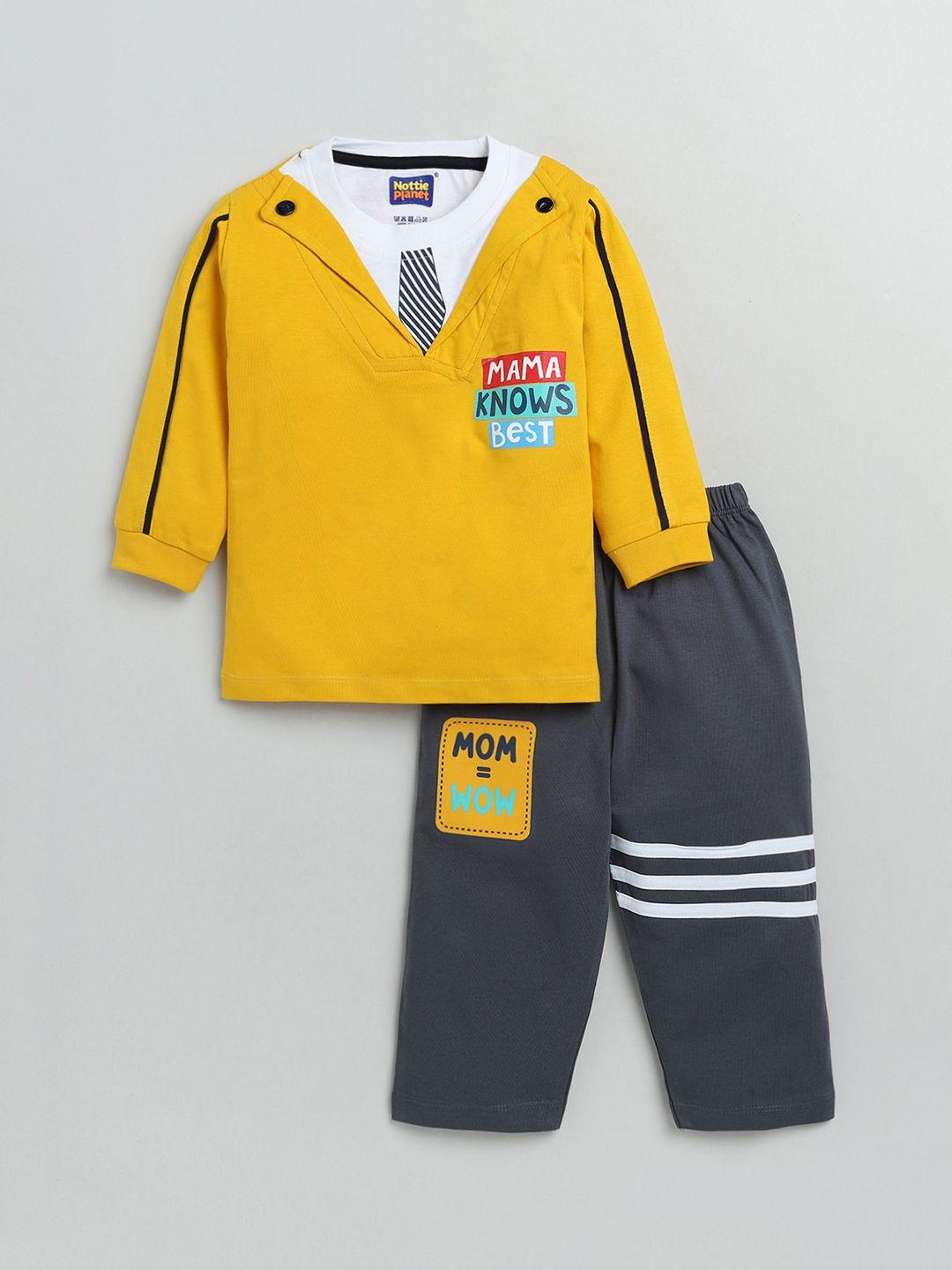 nottie planet boys yellow & grey printed pure cotton t-shirt with pyjamas