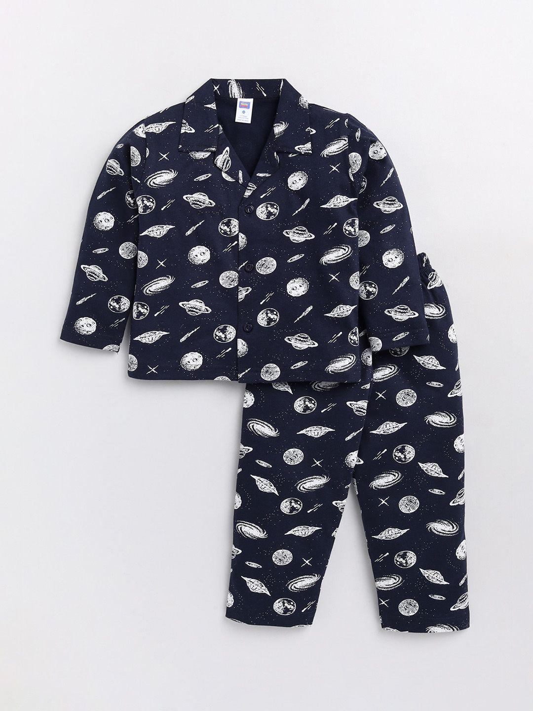 nottie planet unisex kids navy blue & white printed night suit