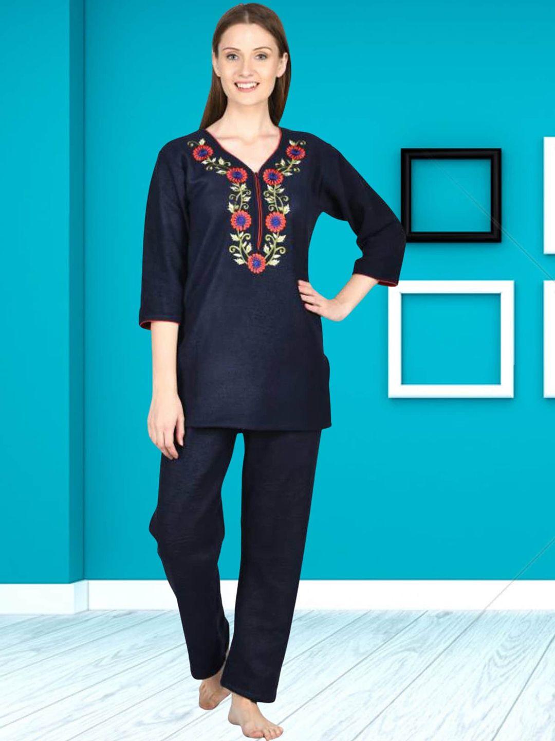 noty floral embroidered v-neck fleece kurti & lounge pant