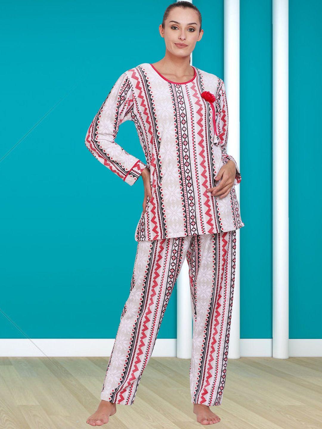 noty geometric printed round neck velvet top & pyjama