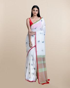 novelty print cotton saree with tassels