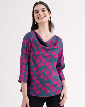 novelty print cowl-neck top