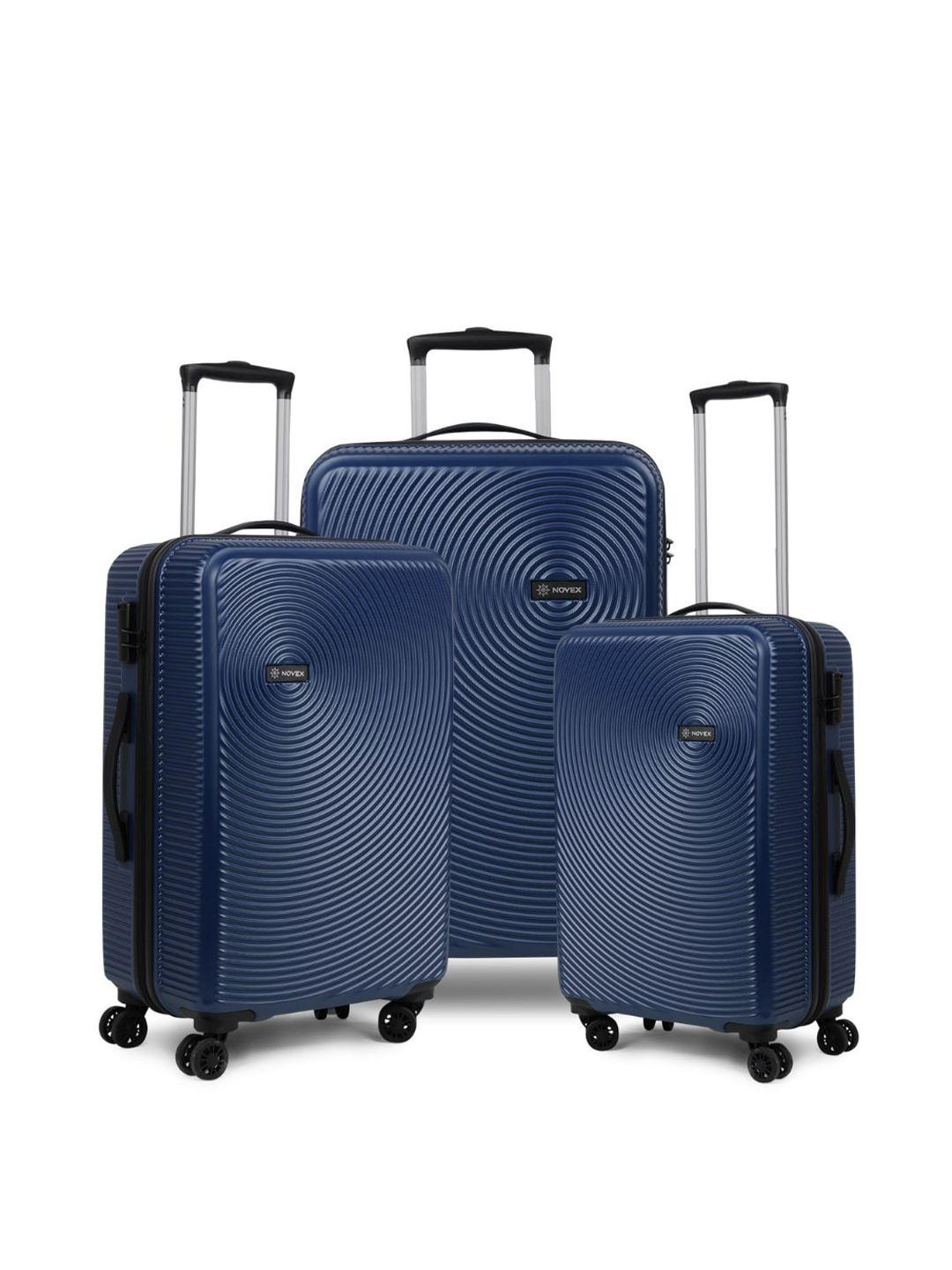 novex set of 3 blue textured hard-sided trolley suitcase