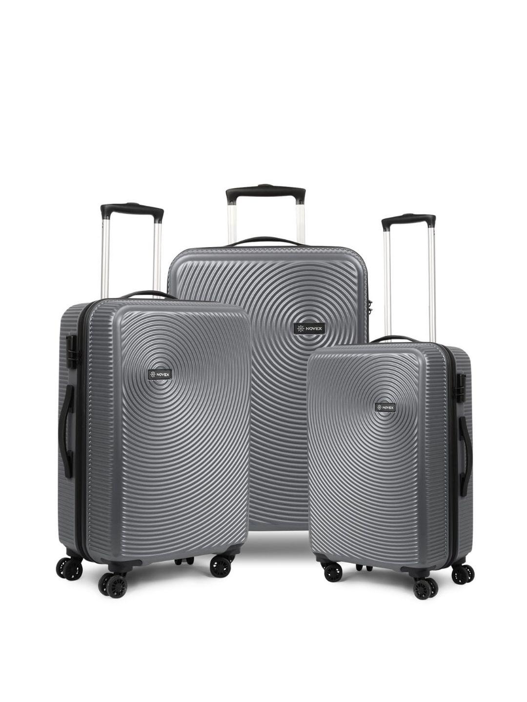 novex set of 3 charcoal-grey textured hard-sided trolley suitcases