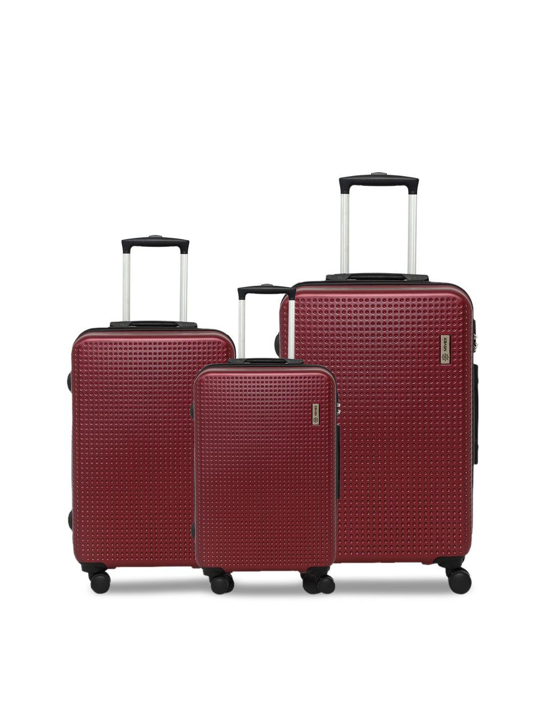 novex unisex set of 3 maroon textured hard-sided trolley suitcases